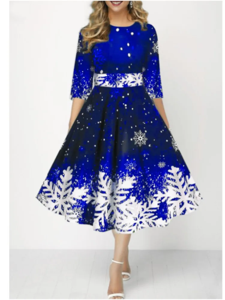 Autumn Winter New Snowflake Digital Print Women's 3/4sleeves Christmas Dress Fashion Waist Elegant Female A Line Christmas Dress