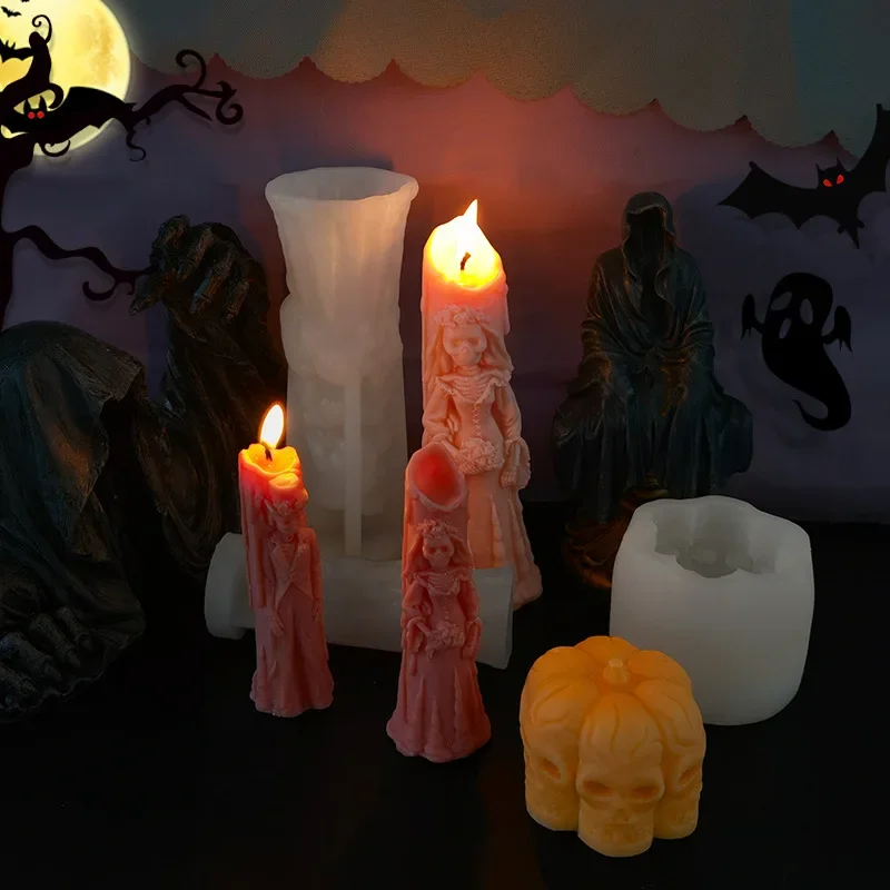 Halloween Skeleton Human Silicone Candle Molds 3D Skeleton Bride and Groom Ghost Pumpkin Crafts Gypsum Resin Making Soap Mold