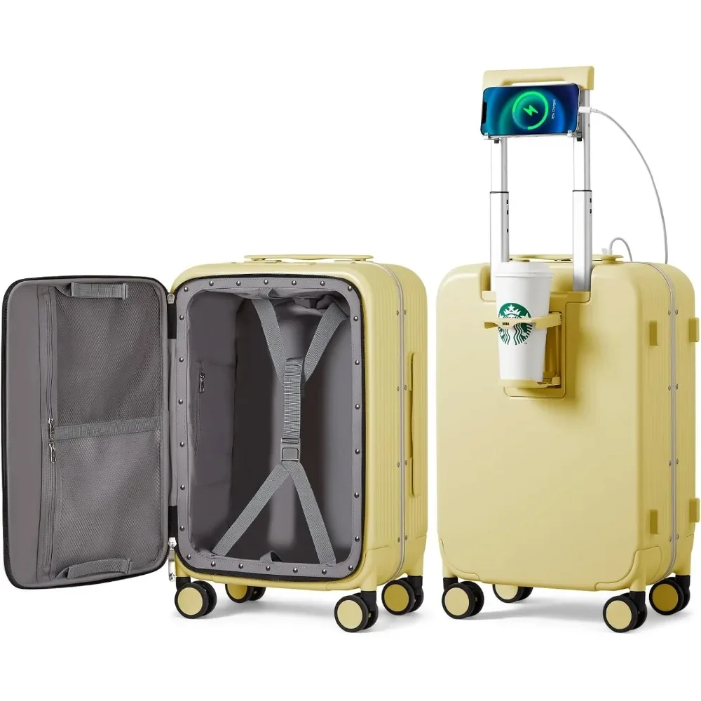 

Carry On Luggage with Cup Phone Holder and Charger Hard Shell Suitcases with Spinner Wheels,20 Inch Lark Yellow