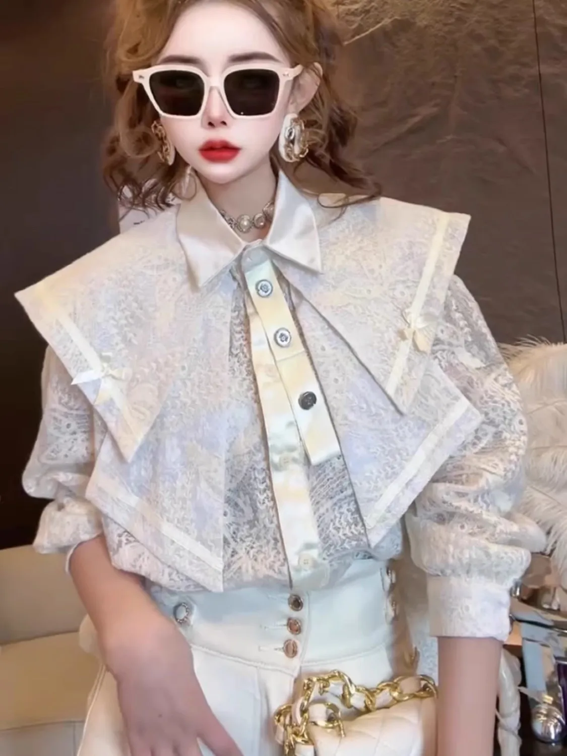 

New Lace Shirts Blouses Long Lantern Sleeve Women Big Collar Shirts Ruffles Flowers Embroidery Party Shirts Blouses Tops NZ267