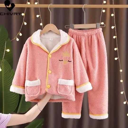 New Autumn Winter Kids Flannel Pajamas Cartoon Lapel Thicken Tops with Pants Baby Boys Girls Sleepwear Pyjamas Sets Home Wear