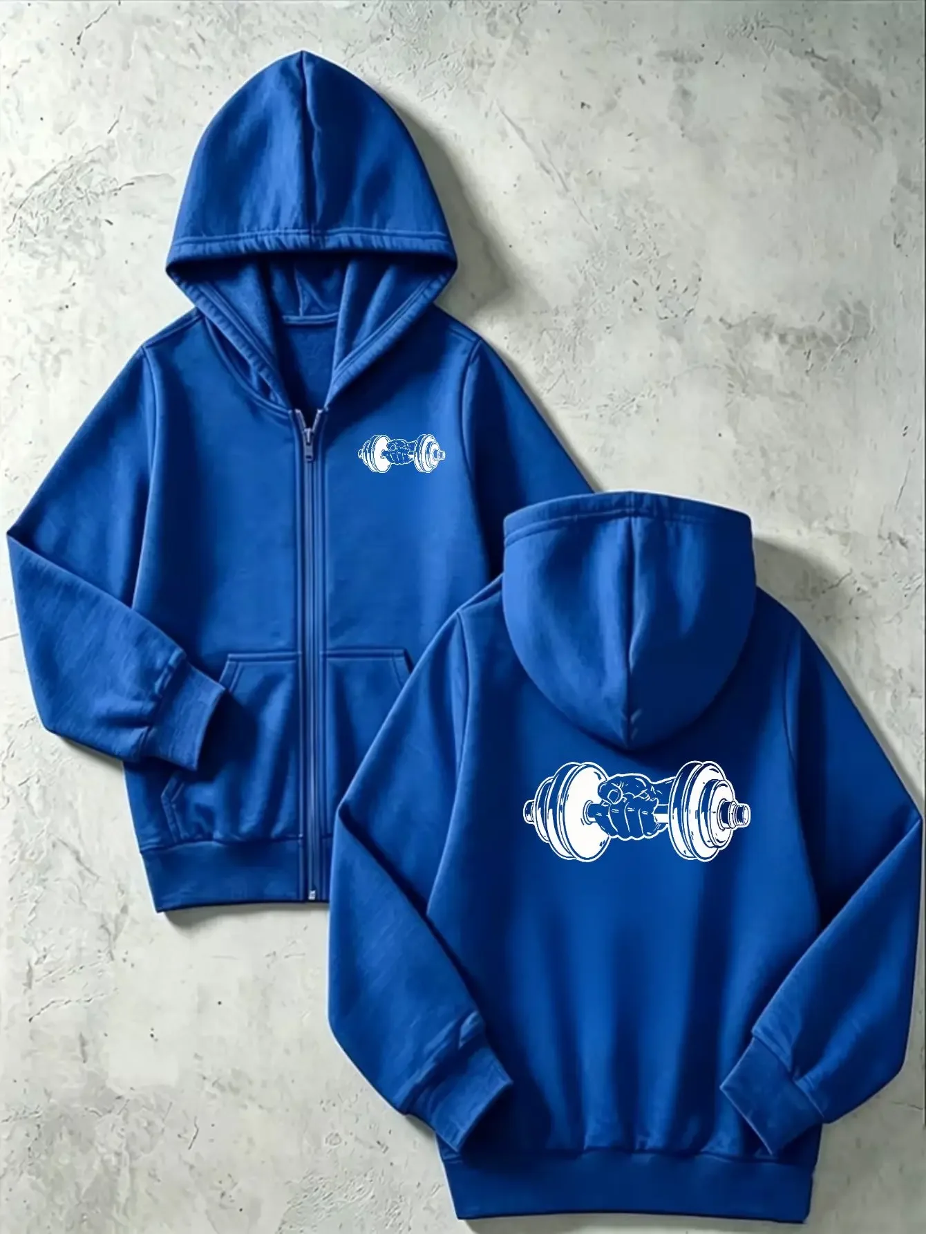 Kids Zip Hoodie Skull Hand Holding Dumbbell Fitness Graphic Print Long Sleeve Loose Hooded Jacket For Boys Sports Outerwear