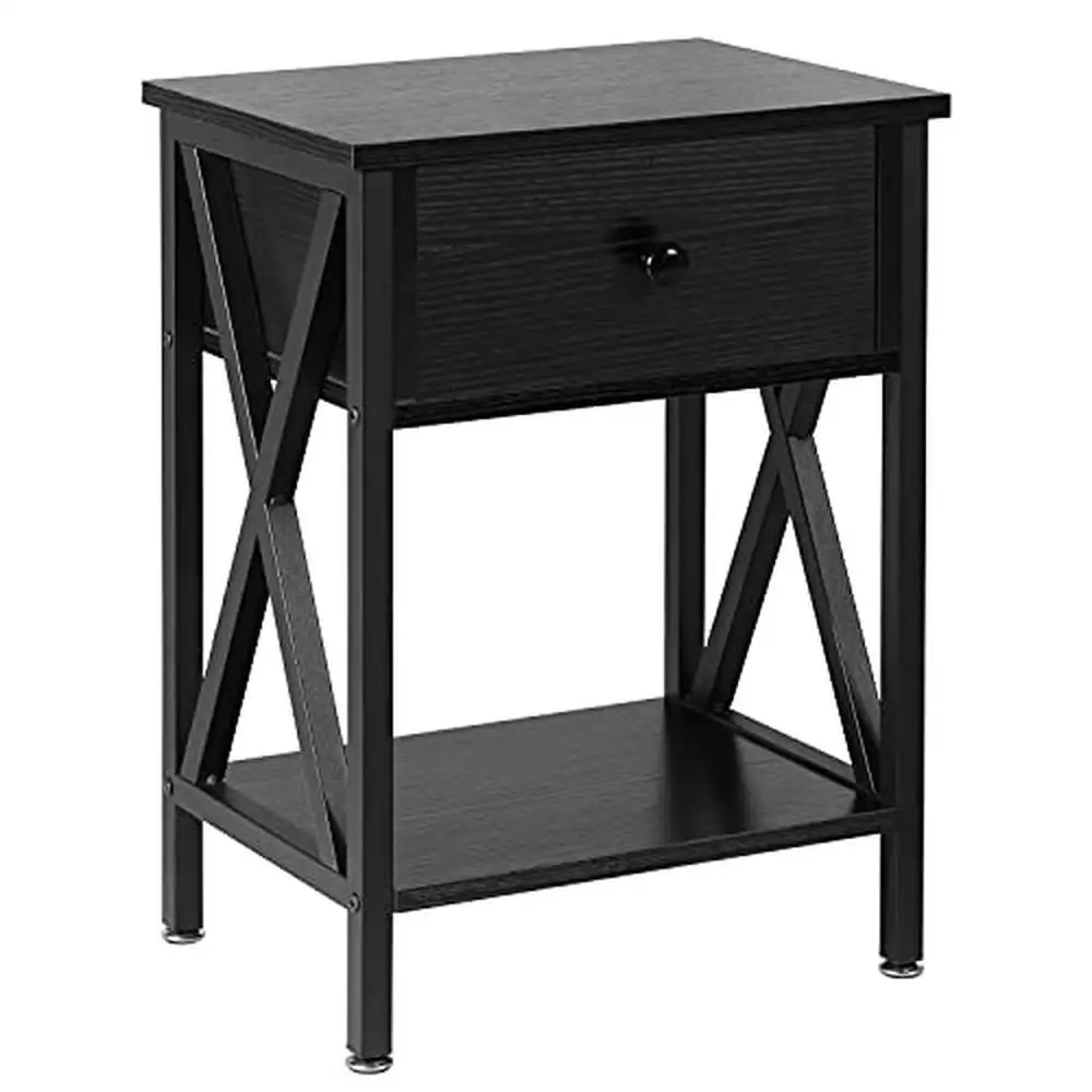 

Bedside Table Nightstand Drawer Storage Wood Black Metal Legs MDF Side End Cabinet Shelf