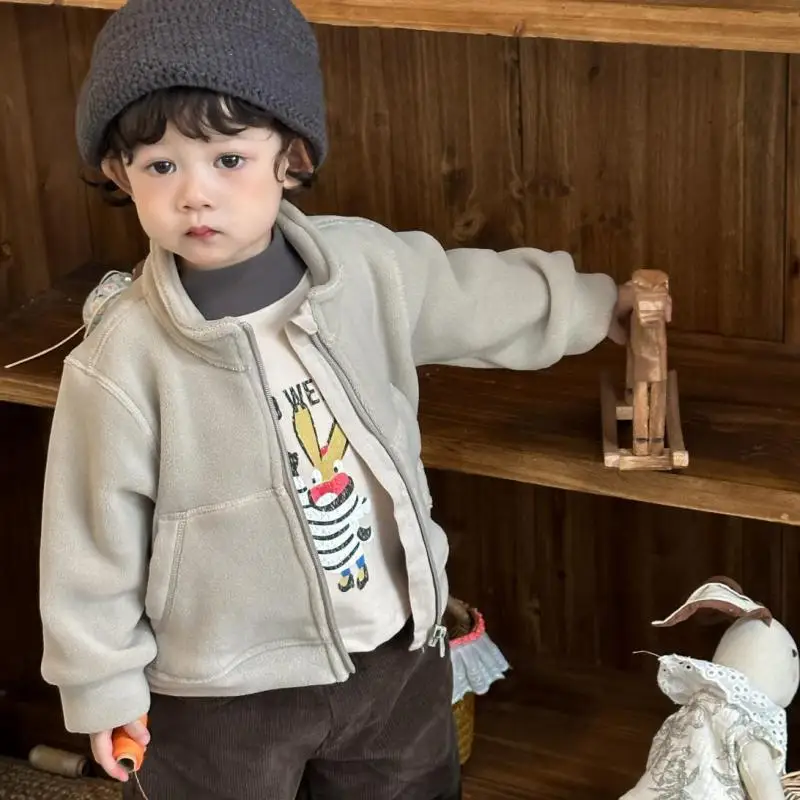 

2025 Winter New Baby Long Sleeve Warm Coat Plus Velvet Thick Boys Casual Jacket Solid Girls Zipper Cardigan Children Clothes