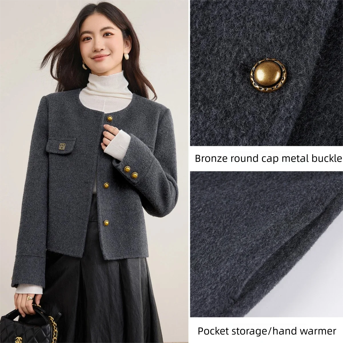 SENTUBILA Women's Wool Coat Round Neck Contrast Trim Double-Faced Wool Coat Metal Buttons Short Coat Women's Clothing W54OF8773