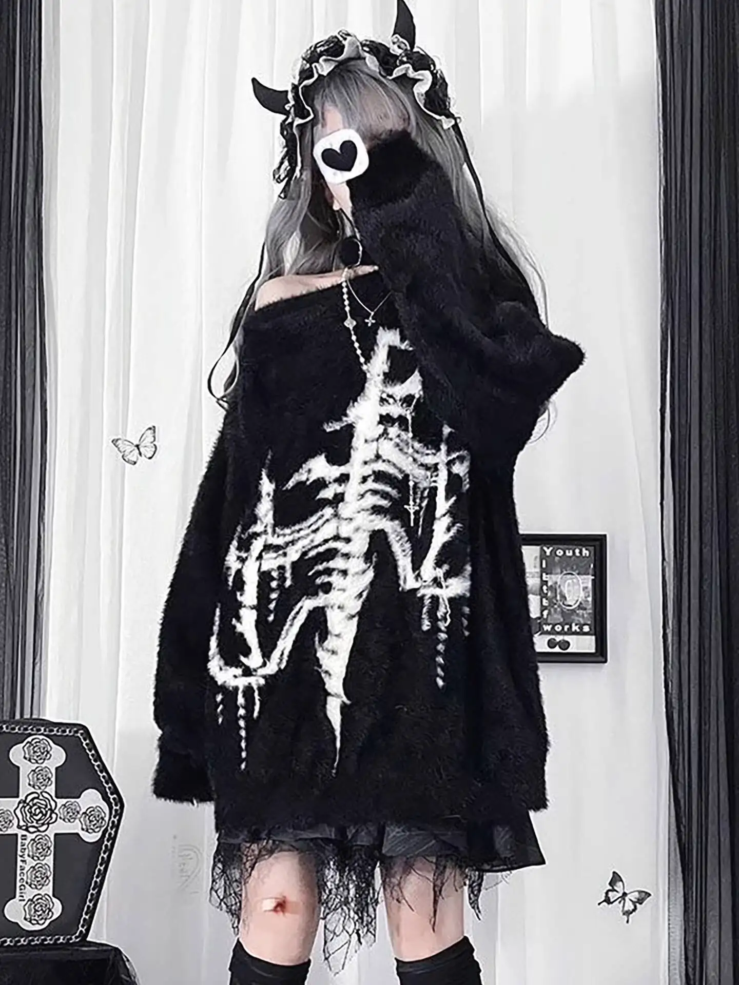Gothic Punk Women's Knitting Sweater 2026 Spring Subculture Punk Dark Lazy Style Loose Versatile Slim Knit Top For Outer Wear