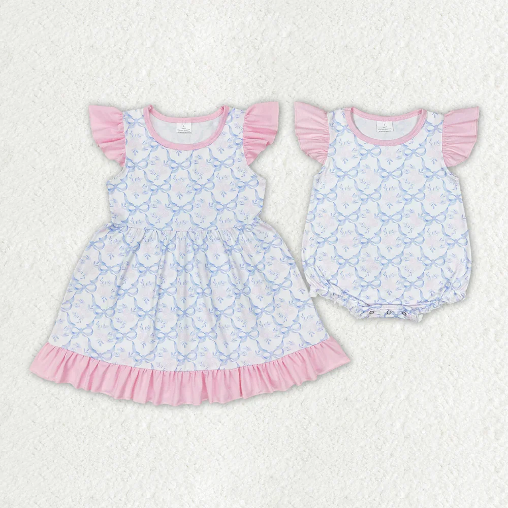 

Baby Girls Blue Bows Sibling Sister Rompers Dresses