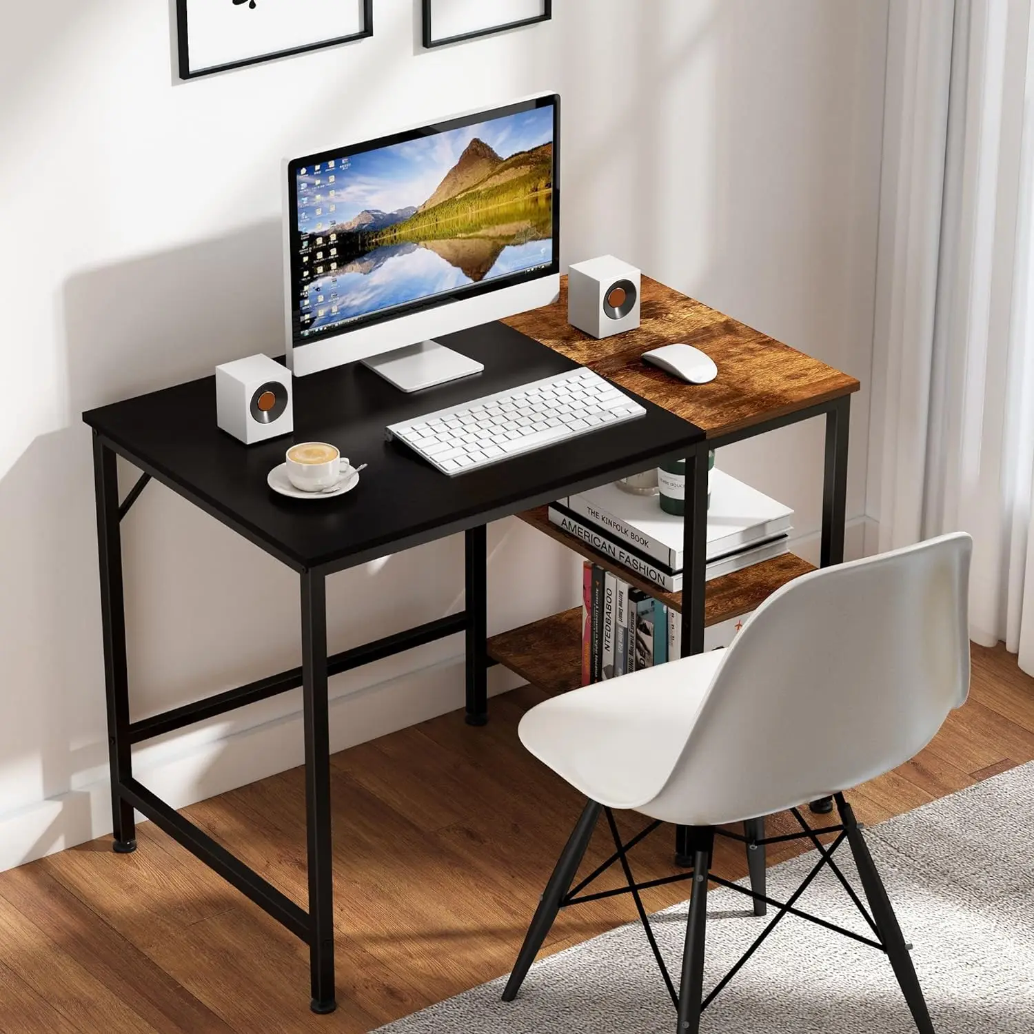 Home Office Computer Desk,Small Study Writing Desk with Wooden Storage Shelf,2-Tier Industrial Morden Laptop Table with