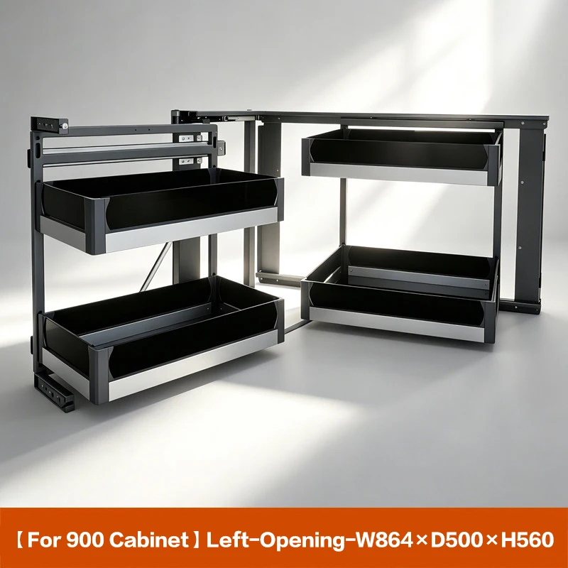 Extra Large Sturdy Black Crystal Base Cabinet Linkage Pull Out Full Extension Aluminum Alloy Double Layer Spice Storage Rack