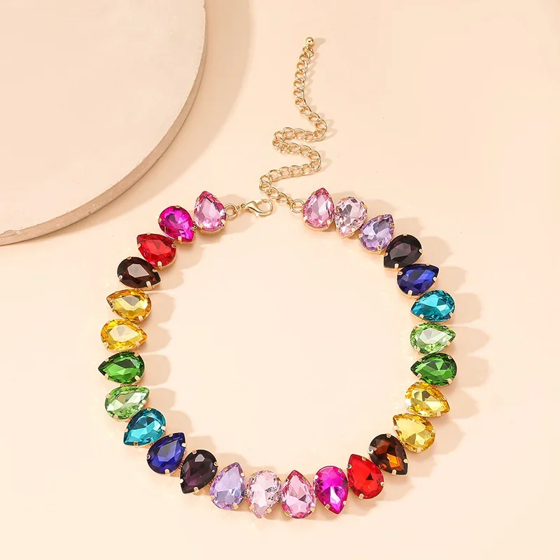 FYUAN Water Drop Colorful Crystal Choker Necklaces for Women Geometric Clavicle Chain Necklaces Statements Jewelry