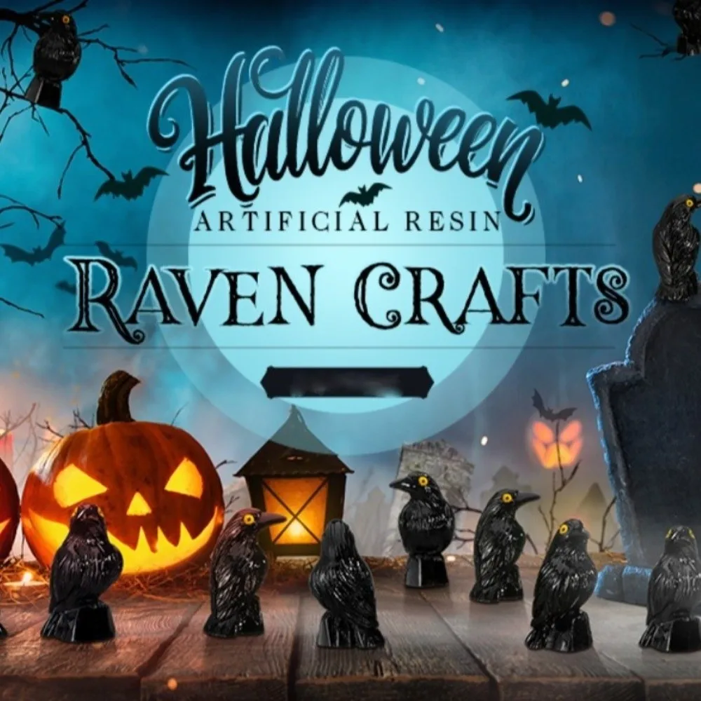 

10pcs Resin Halloween Crows Figurines Realistic Hand Painted Mini Crows Decoration Crooked Headed Black Crow Ornaments