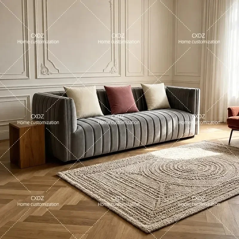 Italian Light Luxury 3 Seater Straight Sofa Flannel Fabric Simple Design Living Room Furniture for Small Apartment
