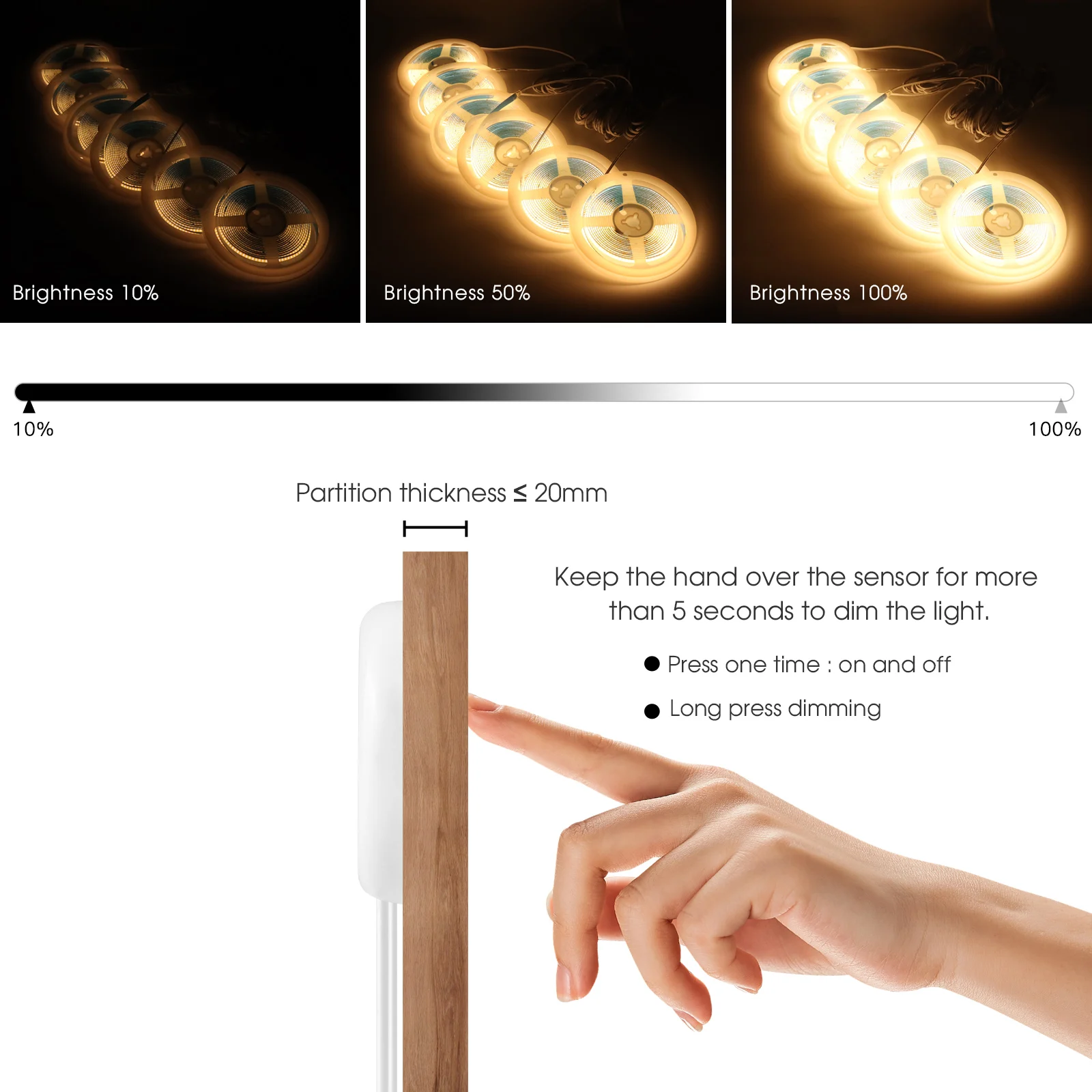 1/2/3/4/5/6 Pcs 5V USB 1/2/3M COB LED Strip Kit With Penetrating Wood Touch Dimmer Switch For Kitchen,Showcase,Cabinet Lighting