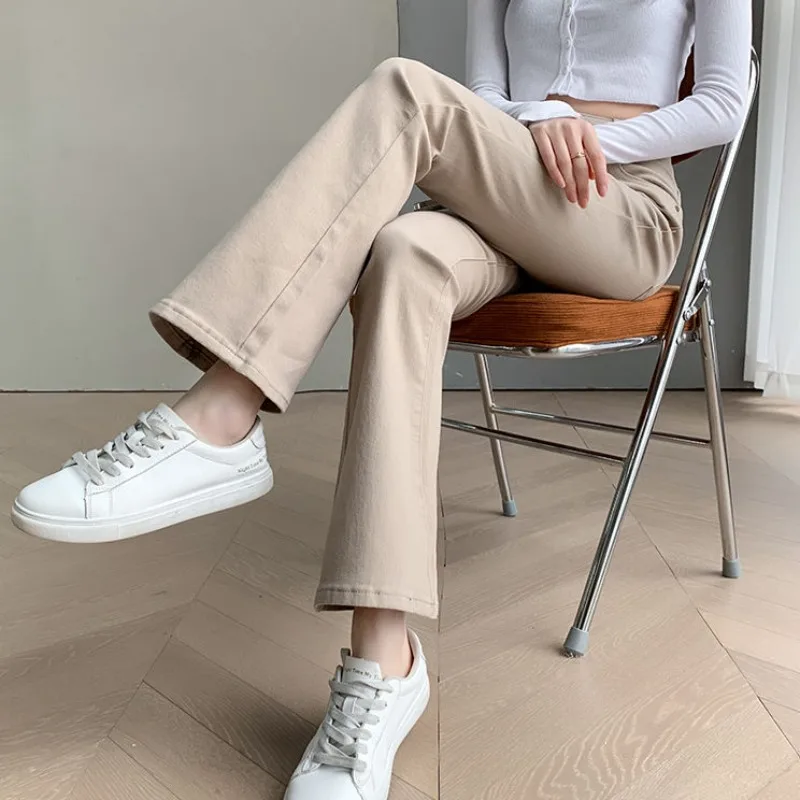 Retro Slim Fit Skinny Denim Pants for Women Khaki Flared Trousers High Waist Shot Womens Bell Bottom Jeans South Korea Unique A