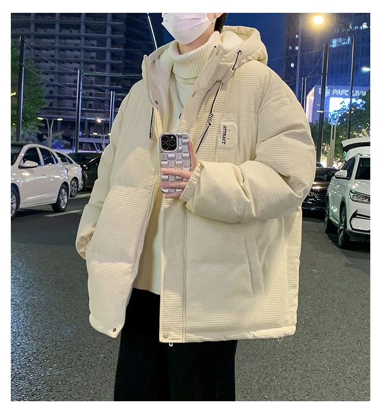 2025 Autumn Winter Men's Khaki Caramel Color Lamb Wool Cotton Jacket Black Green Fleece Lined Thickened Warm Hooded Coat