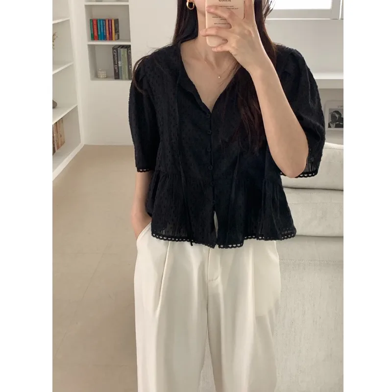 

Stunning Loose Lace ort Sve Embroidered irt Korean Sle Commute Pure Color Cotton 00% Spring Season