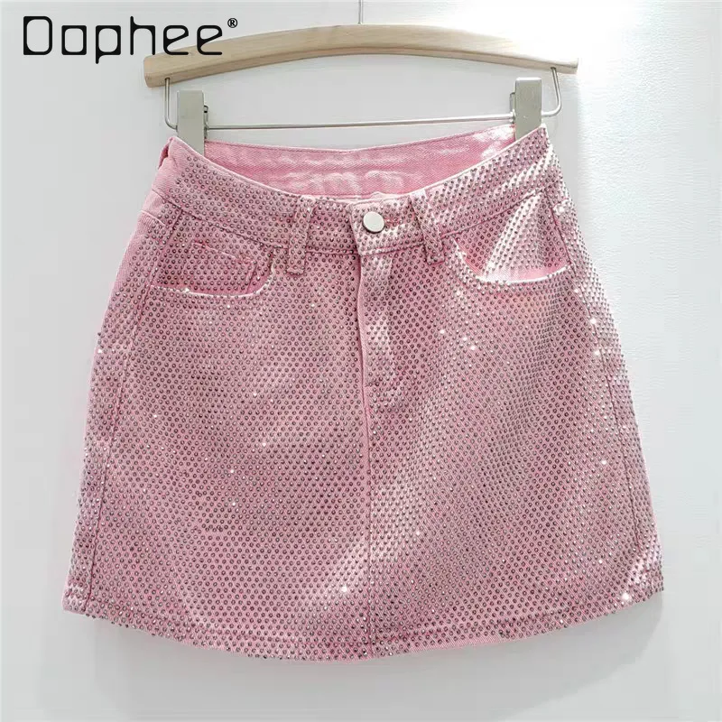 Hotgirl Diamond Pink Denim Skirt High Waist Solid Color Slim Wrap Hip Skirts Rhinestone A-Line Mini Skirt Fashion All-match