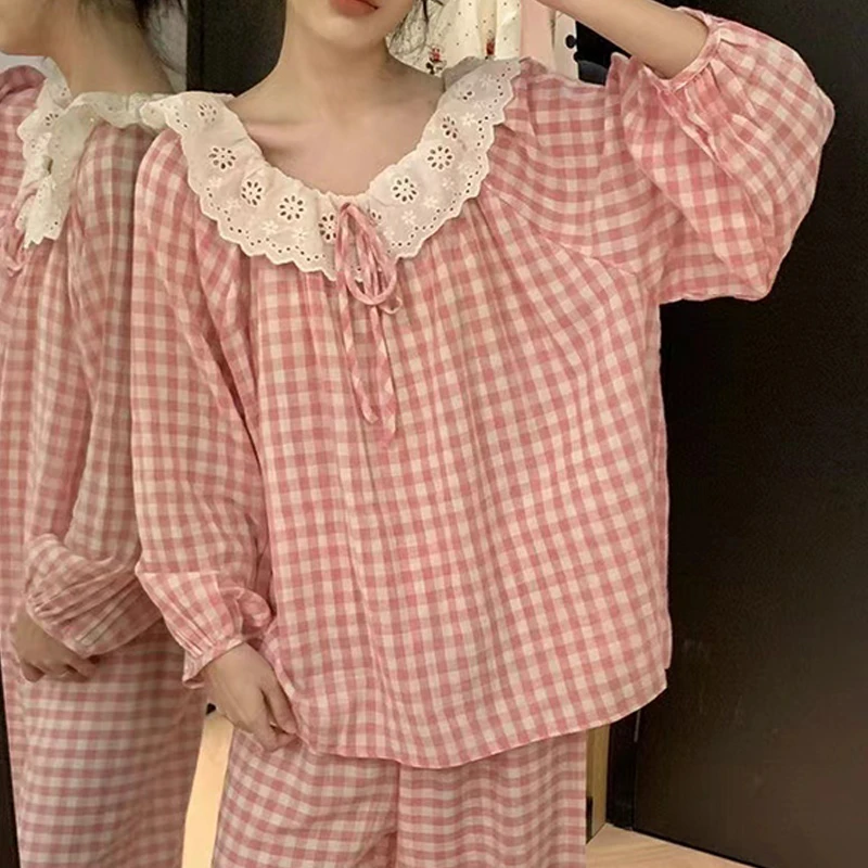 Sweet Long Sleeve Plaid Lace Pajamas Loose Casual Pink Nightwear Set Korean Ins Style Pajamas Women