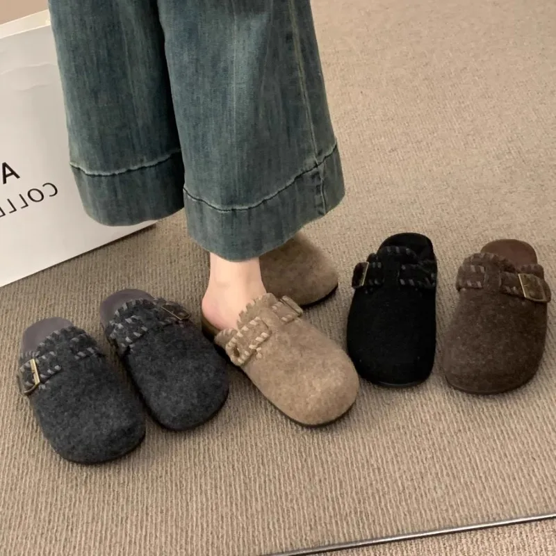 خريف وشتاء جديد للنساء والرجال من جلد الغزال شبشب بمقدمة مغلقة داخلي أو خارجي سهل الارتداء شبشب مسطح متين