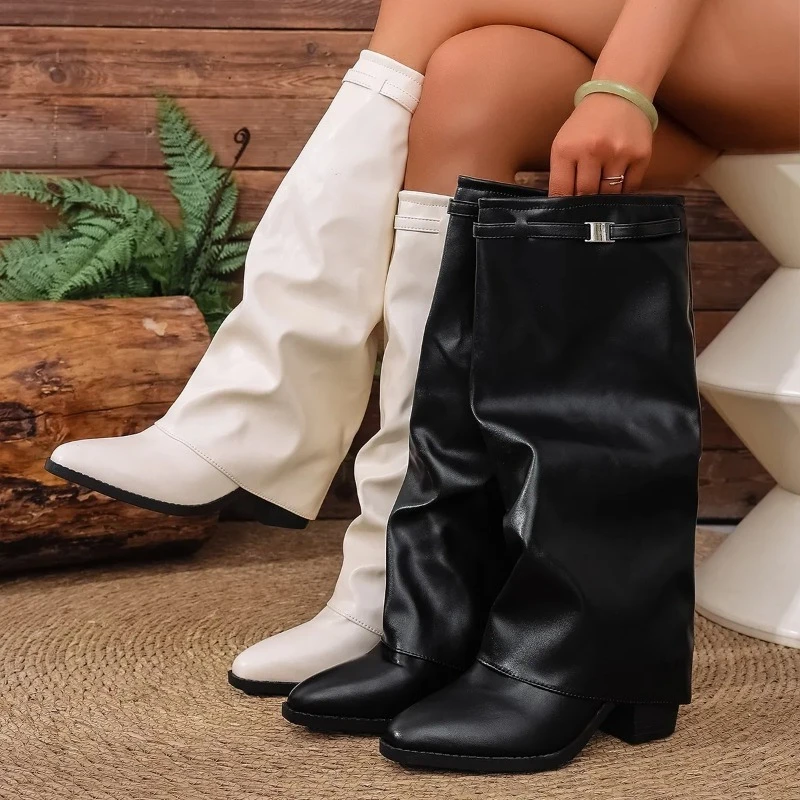 Women's Folding Knee-high Boots Fashion  Winter Solid Color Non-slip Thick-soled Wide-leg PU Leather Fashion Boots Botas Mujer