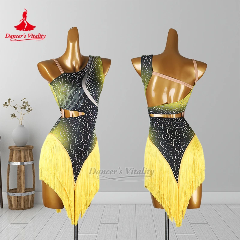 ダンサーの活力ノースリーブシングルショルダーラテンダンスタッセルドレス大人&子供チャチャグラデーションカラーパフォーマンス服カスタム