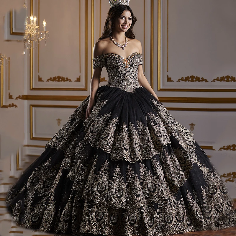 Appliques Lace Beaded Quinceanera Dresses Tiers Vestidos De 15 Años Quinceañeras Birthday Crystal Ball Gown Evening 2023 فساتين