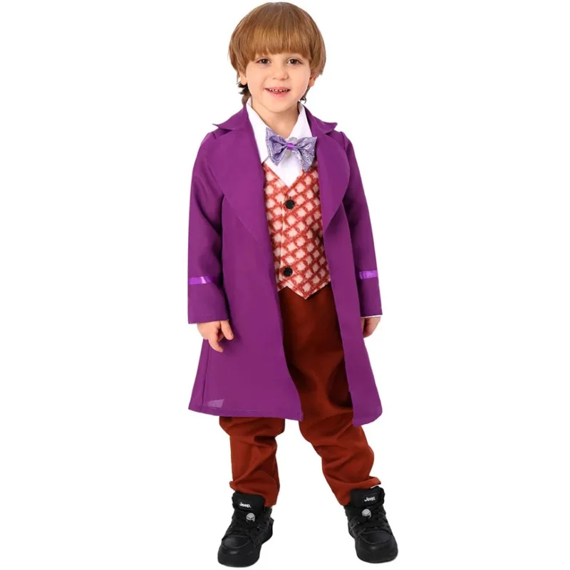 Movie Chocolate Factory Willy Cosplay Costume Kids Purple Coat Hat Pants Bow Tie Full Set Disguise Willy Children Suit Halloween