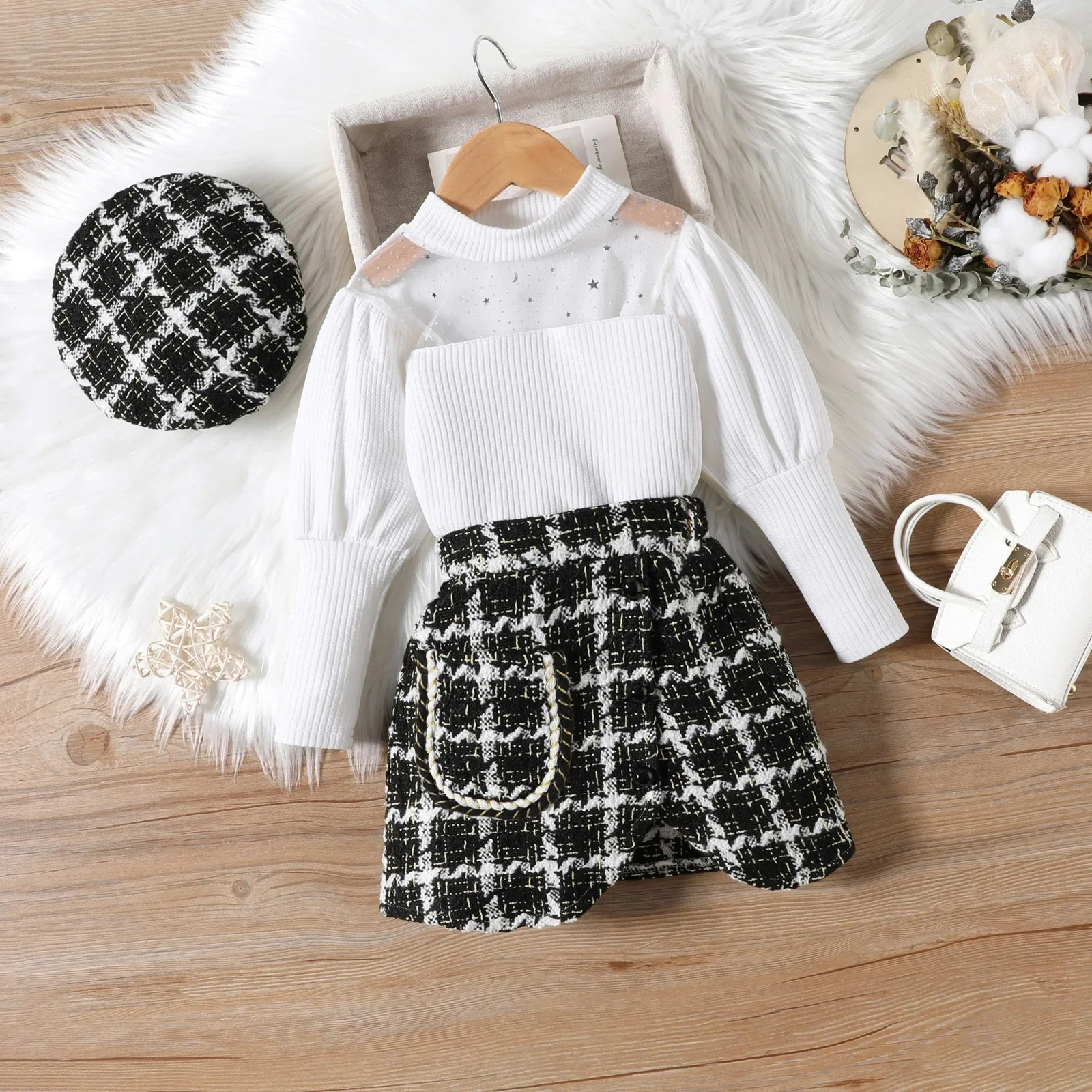 

Kid Girls Clothing Set Mesh Neckline Bubble Sleeved Long Sleeved Top+Irregular Short Skirt+Hat 3Pcs Suit Baby Girl Clothes18M-6T