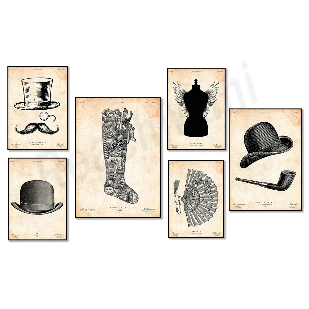 Retro top hat, mustache decoration, Christmas stocking print, tailor gift, Japanese art hand fan poster, old world decoration,