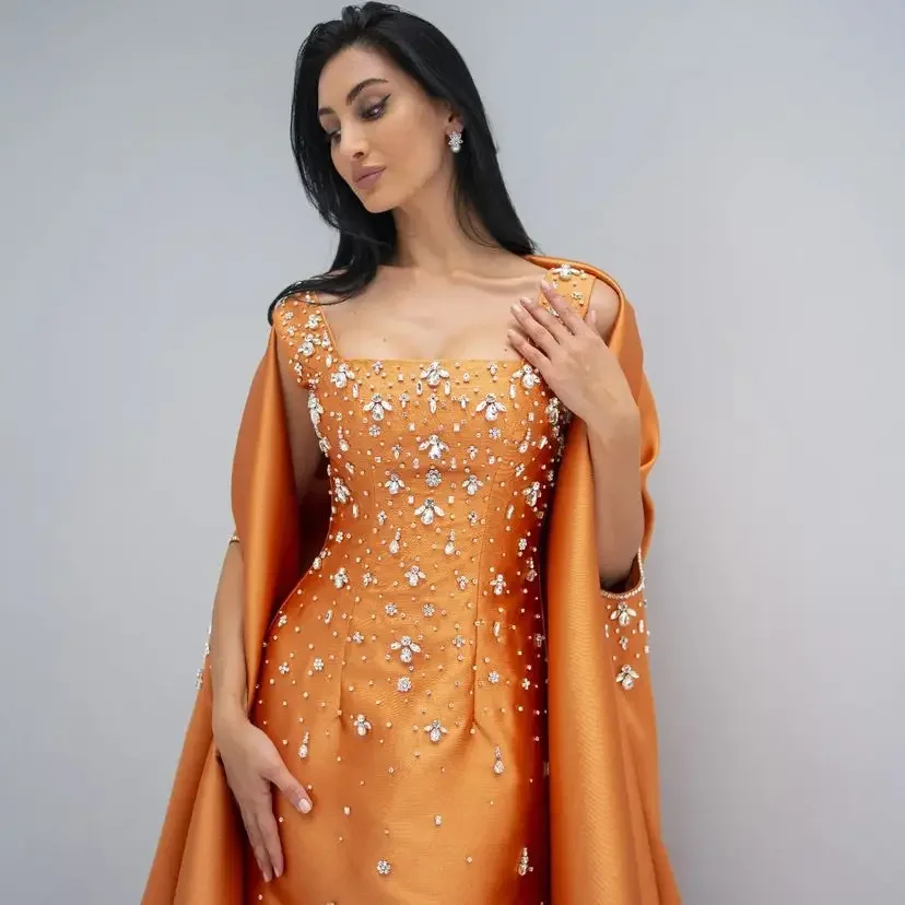 

Saudi Arabia Orange Luxury Evening Dresses Satin With Cape Rhinestone Crystal Wedding Party Gowns Formal Prom DressesML-090