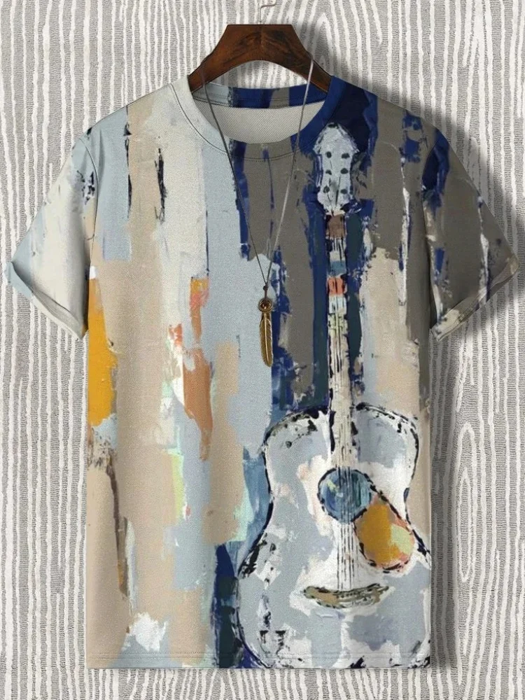 

Мужская повседневная футболка с принтом масляной живописи Blues Music, винтажная летняя футболка 2024, праздничные топы с короткими рукавами, шикарные футболки из полиэстера с круглым вырезом