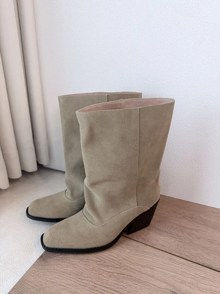 BANFANG 6.5CM Matte Pleated Slouchy Mid Calf Boots Women Soft Genuine Leather Chunky Heel Western Cowboy Shoes Fashion