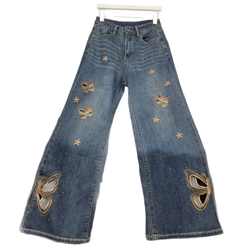 American Vintage Hollow Out Butterfly Hot Diamonds Wide Leg Jeans Women New Spring Summer High Waist Wide Leg Denim Pants 2026