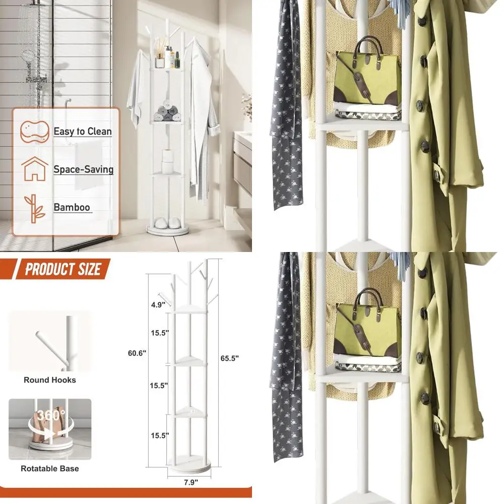 

White Bamboo Freestanding Coat Rack with 8 Hooks, 3-Tier for Home and Office