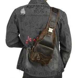 New Vintage Men's Leather Chest Bag Crossbody Shoulder Bag Phone Pouch 8 Inch Mobile Phone Bag Casual Hard  Zipper Closure