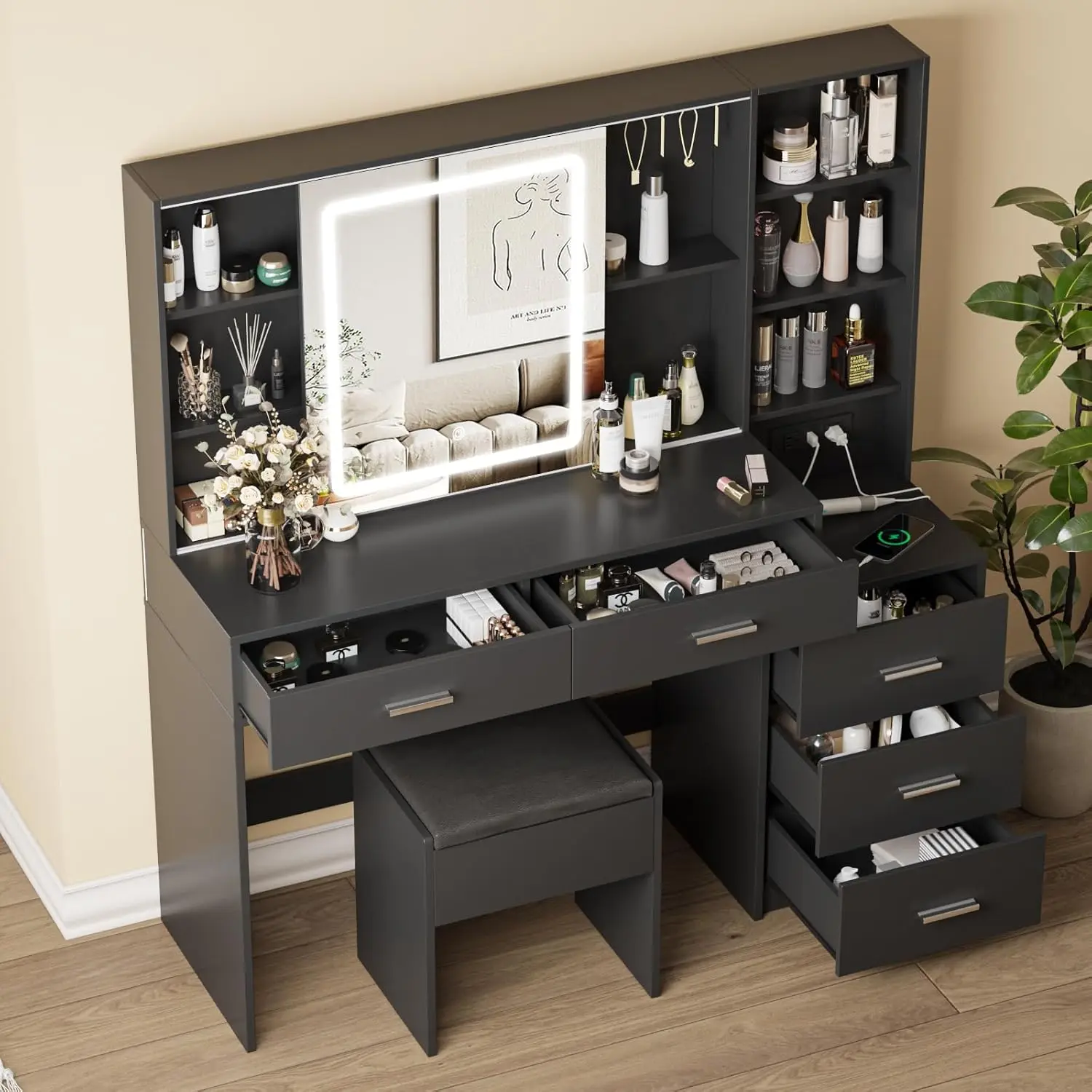 

Black Vanity Desk with Mirror, 5-Drawer Storage, Built-in Charging, LED Lights & Chair for Bedroom