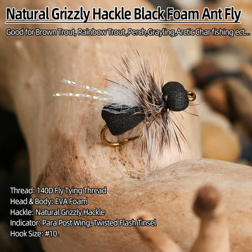 Imagen 2 del producto Vampfly 6 piezas # 10 hormiga de espuma negra mosca seca Grizzly Hackle Para poste ala cebos de insectos artificiales trucha perca Grayling Señuelos de pesca