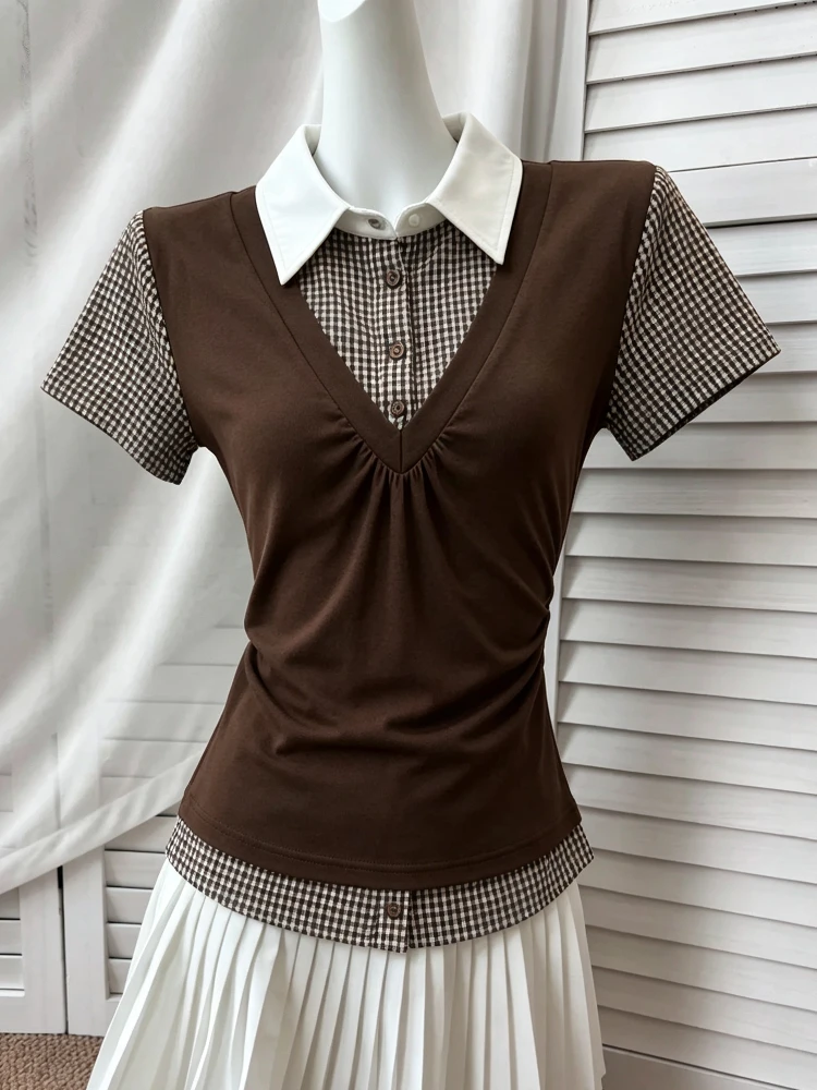 2026 French Vintage Women Turn Down Collar T Shirts Y2K Crop Tops Korean Harajuku Chic Slim Elegant Office Lady Blouse Tees