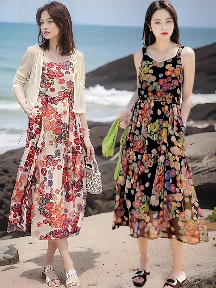 

Beach Vaion Floral Print Two-Piece Set Women's Summer Dr with Knitted Cardigan for Sun Protection Casual Sle for Midd...