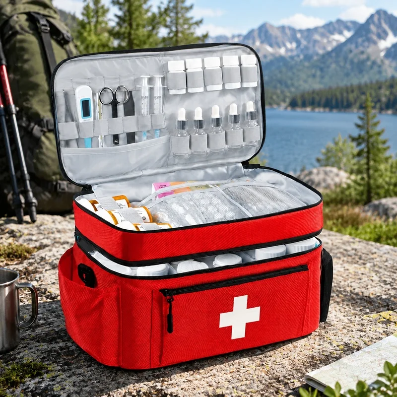 Compact dual-compartment first aid bag with large capacity, front organizer, and multiple carrying styles for travel emergencies