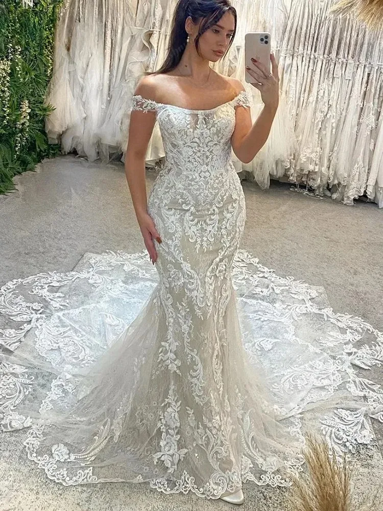 

Customized 2025 Boho Appliques Mermaid Wedding Dresses for Bride Off the Shoulder Appliques Tulle Bridal Gown vestido de novia