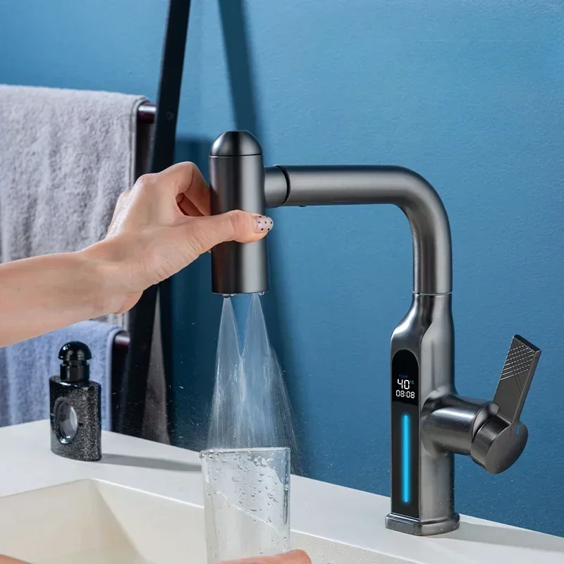 Bathroom sink faucet LED display temperature silver multifunctional pull-out faucet
