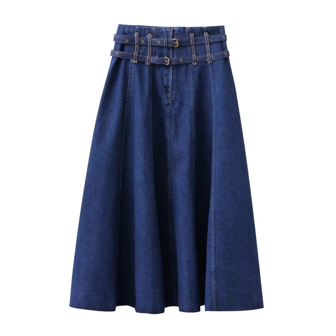 

Mingmingxi Summer Women A Line Skirt 2024 New Arrivals Blue High Waist Skirt with Belt Casual Holiday Birthday Party Wear