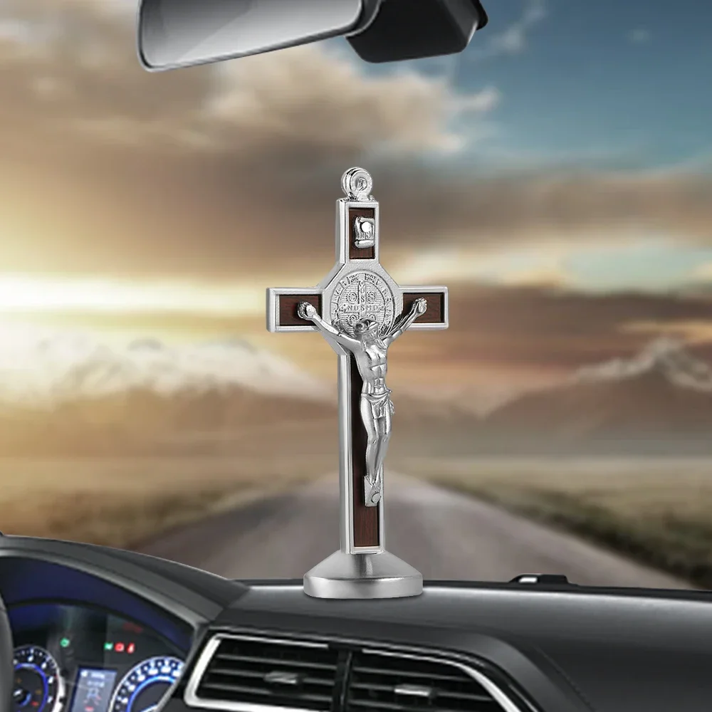 Fashion Car Ornament Metal Wood Jesus Cross Crucifix Auto Interior Dashboard Decoration Christian Jesus Ornaments Accessories