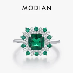 MODIAN Real 925 Sterling Silver Retro Elegant Square Corolla Green Zirconia Finger Rings For Women Party Fine Cocktail Jewelry