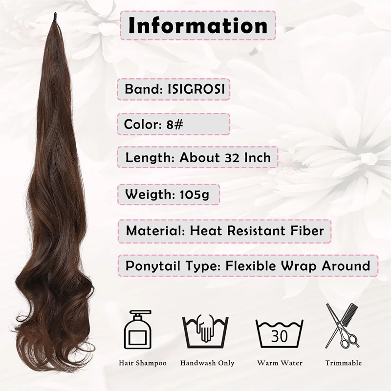 Synthetic Brown Ponytail Long Wave Flexible Wrap Around Fake Tail for Women Heat Resistant Wavy Hairpiece Horse Tail Extensions