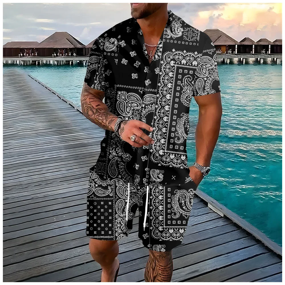 Conjuntos hawaianos, camisas con botones y flores de anacardo, pantalones cortos, mezcla de colores, moda de playa, ropa de calle Hipster, chándales, ropa para hombre