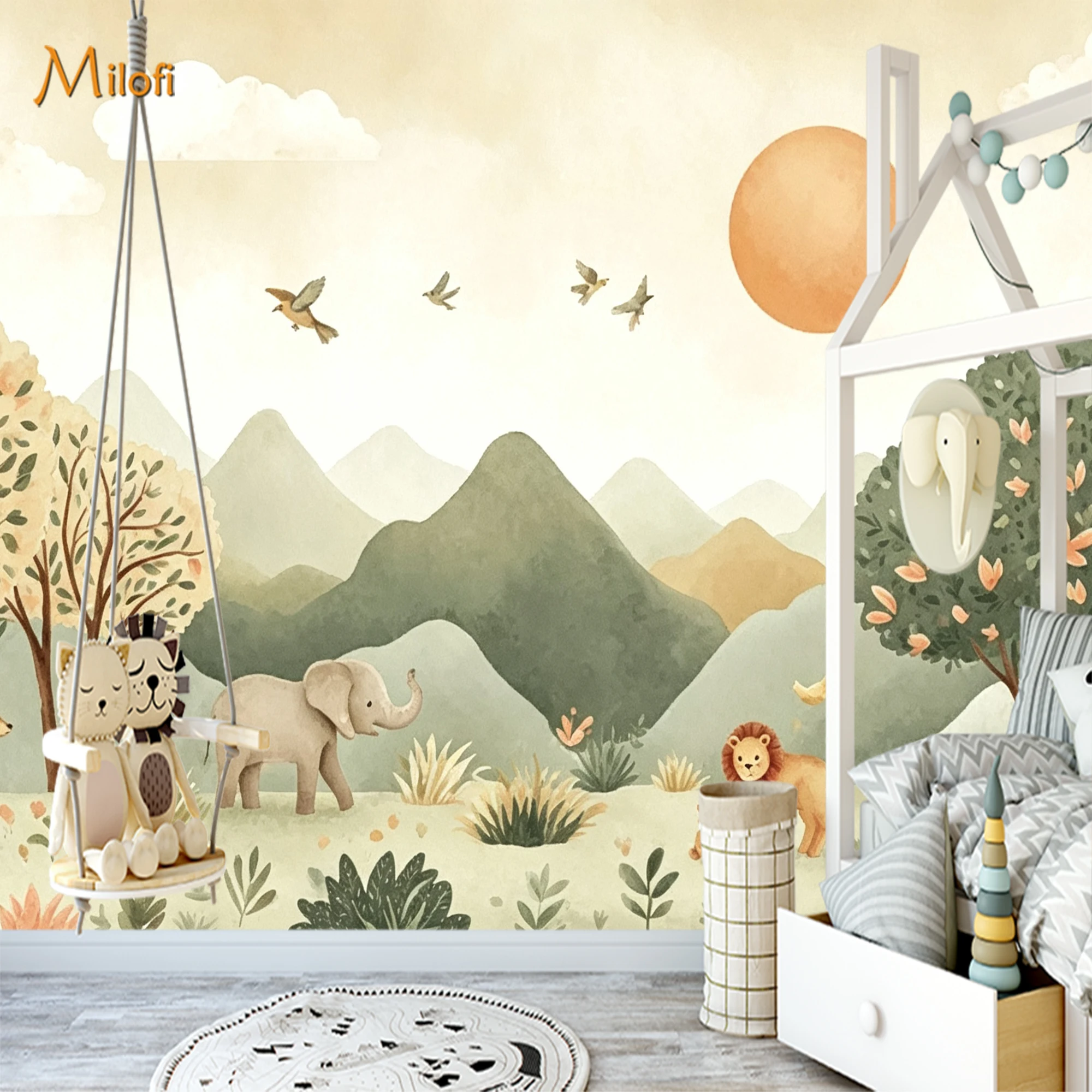 Custom Jungle Animal Wall Mural, Mountain Sun Landscape Wallpaper, Neutral Baby Bedroom Wall Covering