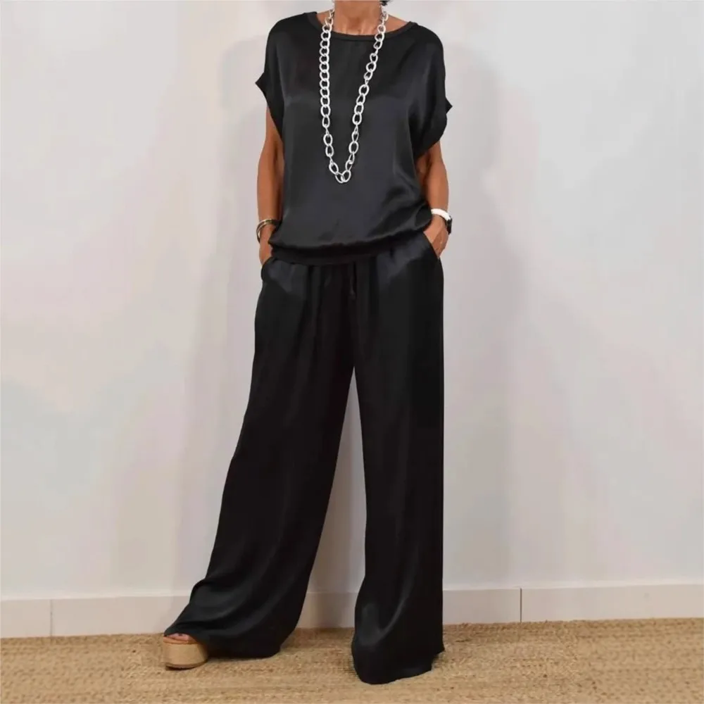 

Women Casual O Neck Solid Color Short Sleeve Pants 2 Piece Set 2025spring Summer Fashion Pants Pocket Female Two Piece Home Wear