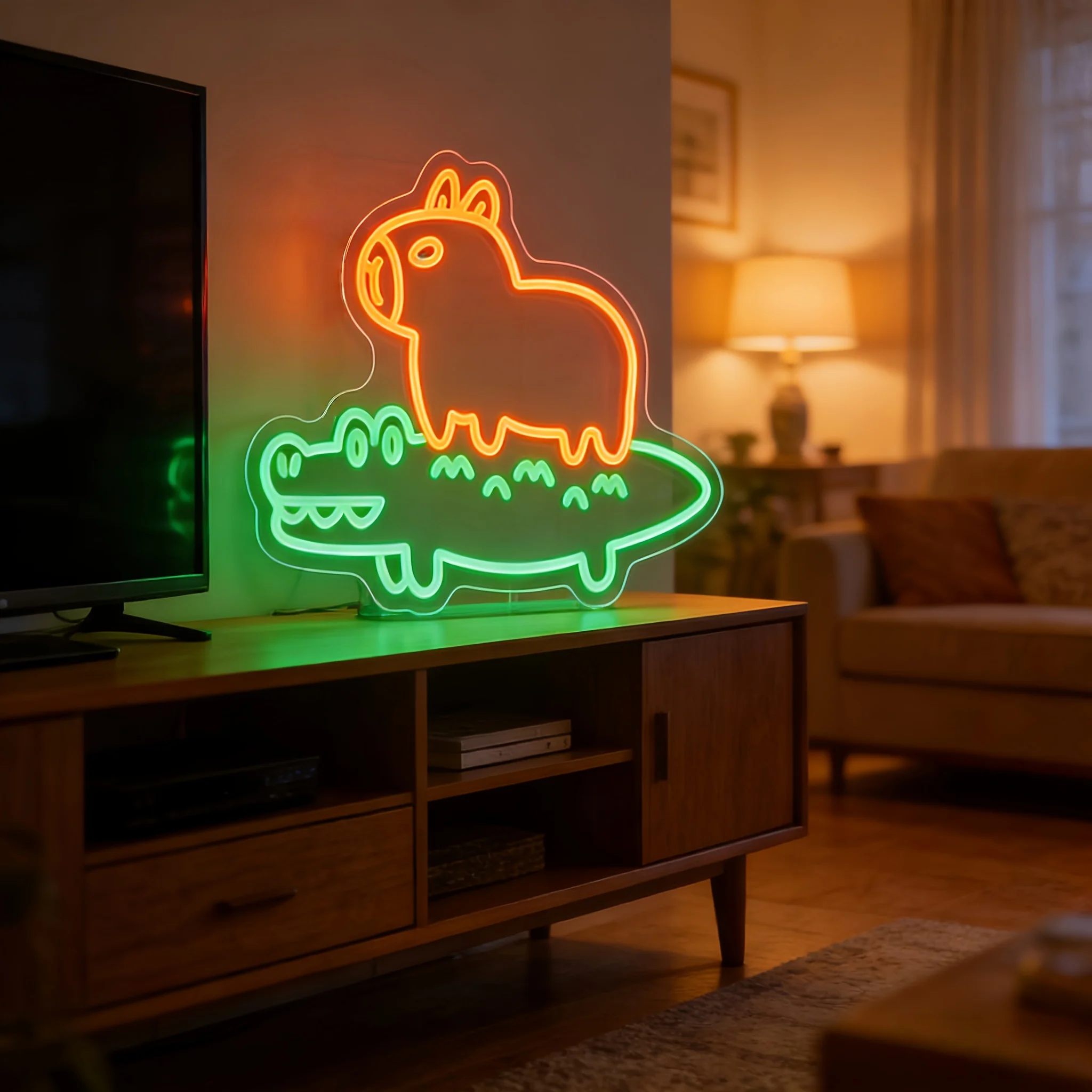Friendly Capybara on Crocodile Cartoon Animal LED Neon Light for Kids Bedroom Nursery Home Decor Playful Night Light Gift